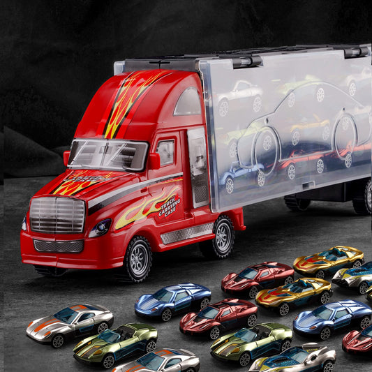 BoomCaCa toy truck carrier front view with 18 cars for imaginative play.