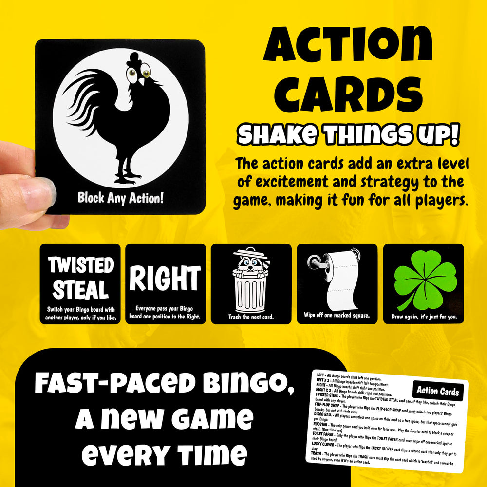 Boozie Bingo action cards on table, adding strategic twists to gameplay.