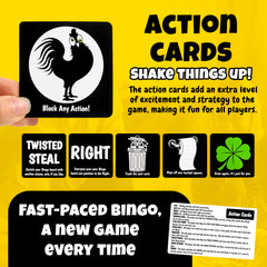 Boozie Bingo action cards on table, adding strategic twists to gameplay.