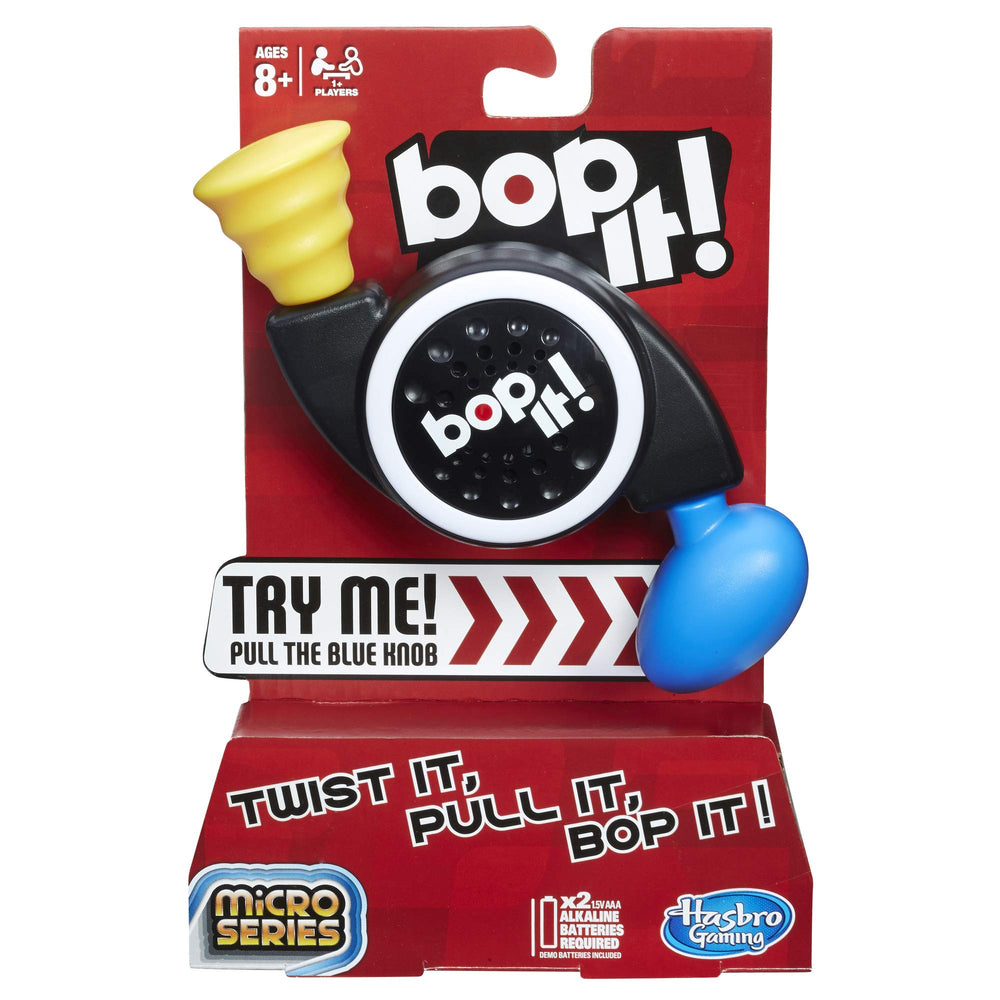 Bop It! Micro Series front view highlighting compact, fast-paced play for on-the-go fun.