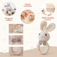 Bopoobo Easter Bunny rattle face detail invites visual focus while stimulating curiosity.