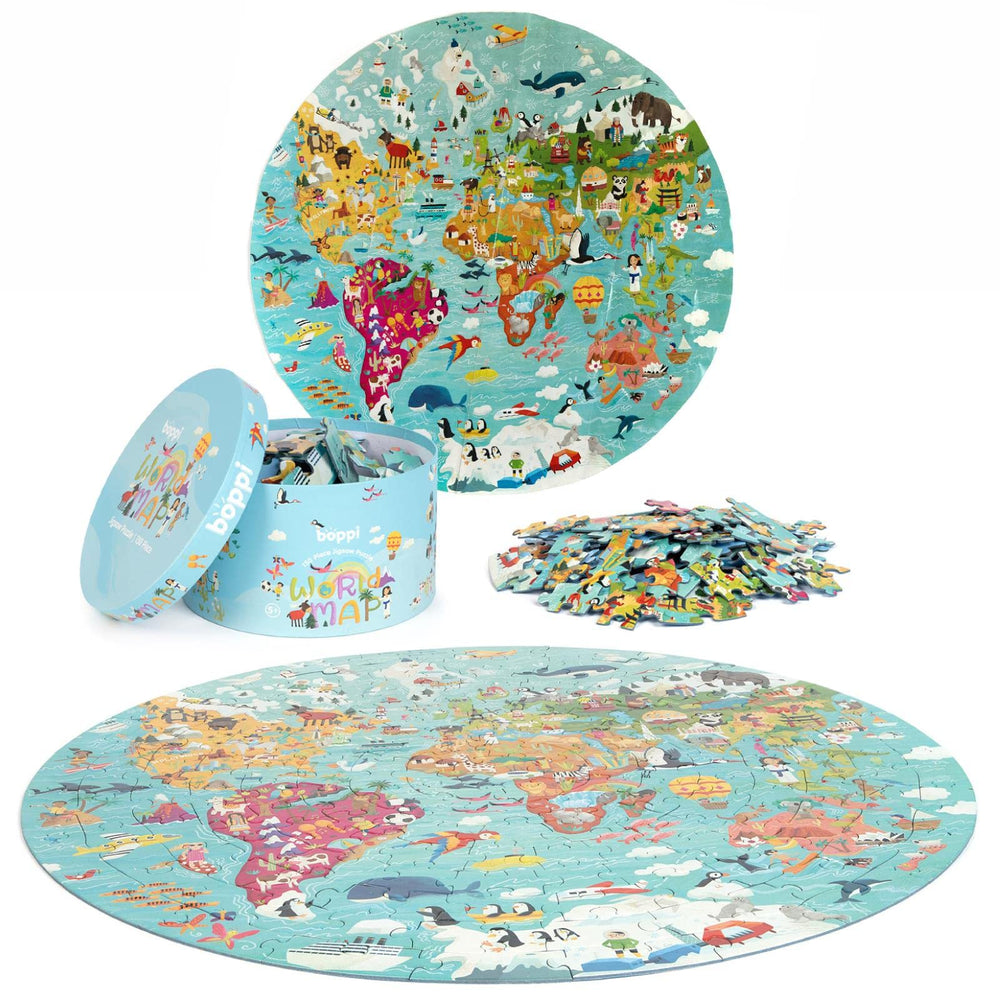 Boppi World Map Round Puzzle in a gift box for easy storage and gifting
