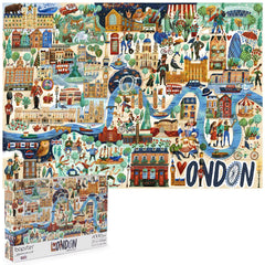 Bopster London Illustrated Puzzle cover featuring iconic scenes for family fun and mindful relaxation.