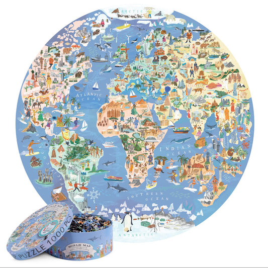Bopster world map puzzle front cover with vibrant continents for immersive planning