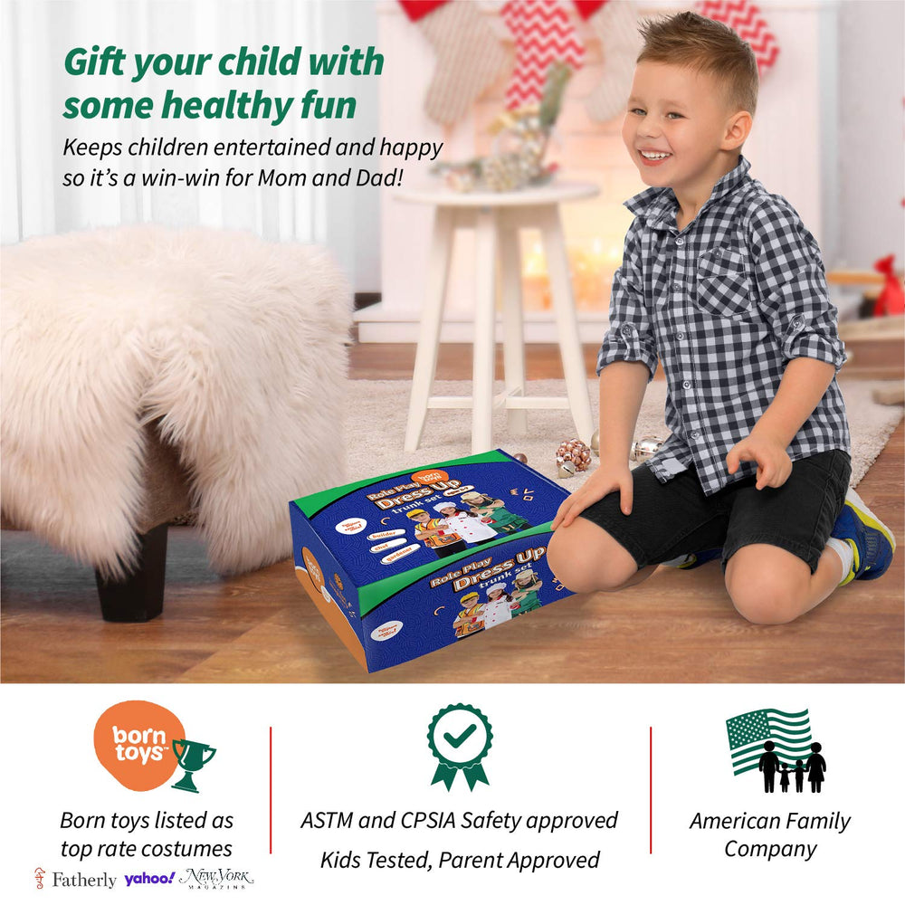 Born Toys dress-up set packaging shows contents for planning.