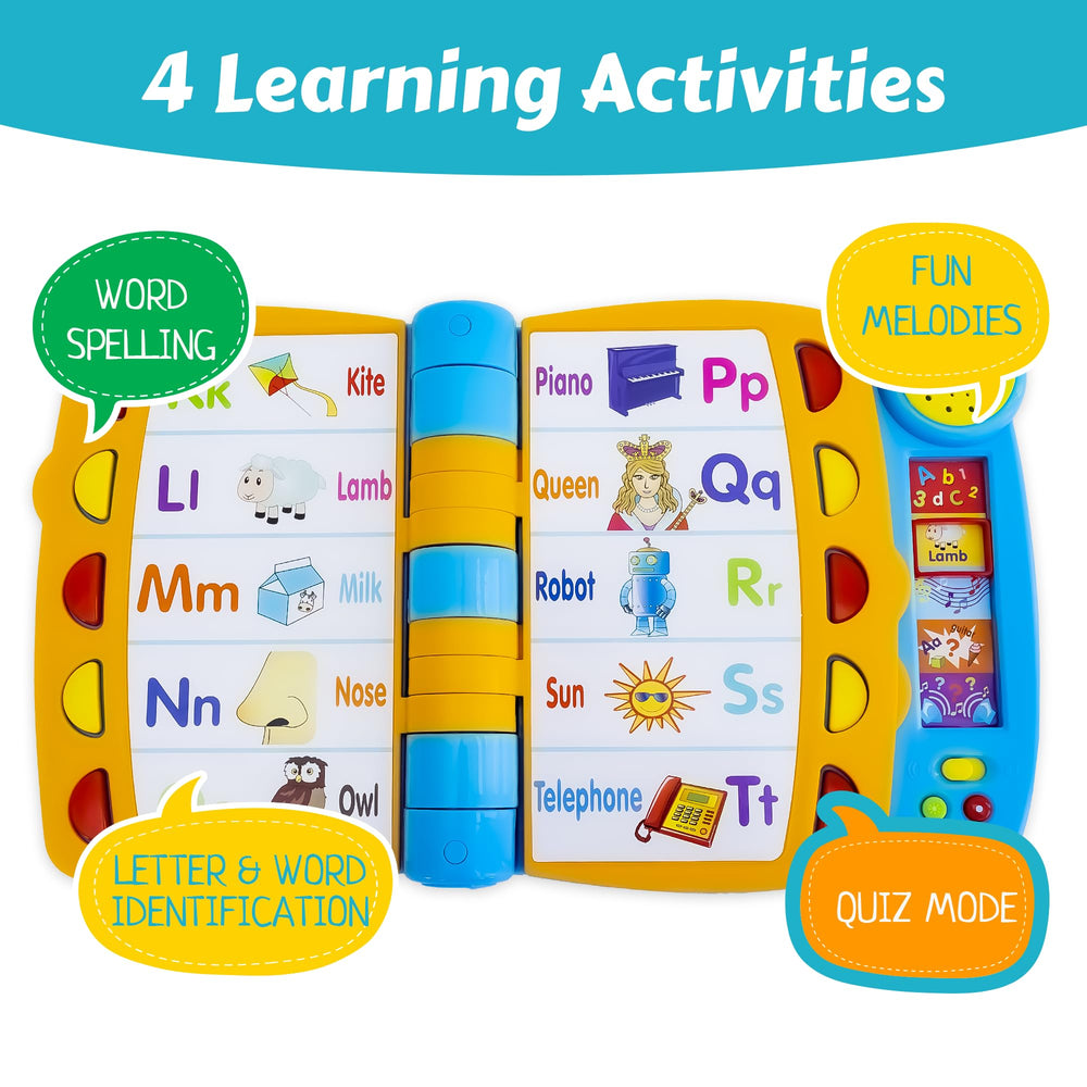 Boxiki Kids Talking Activity Book pages with letters supporting alphabet learning