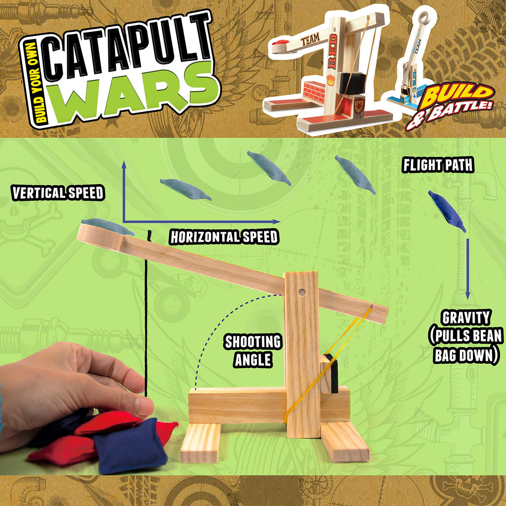 Boy Craft Catapult Wars rubber bands powering launches for fun battles.