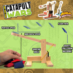 Boy Craft Catapult Wars rubber bands powering launches for fun battles.