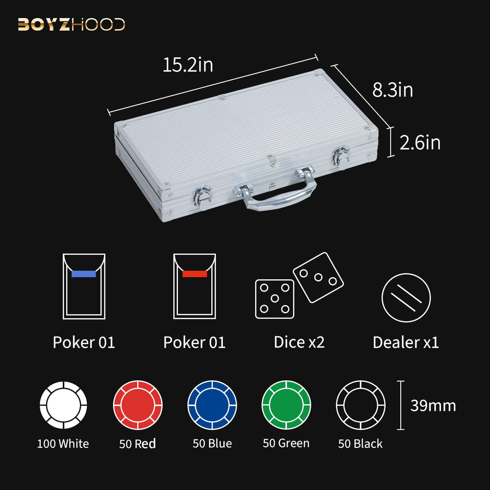 Boyzhood poker chips and accessories include dice and cards for complete play