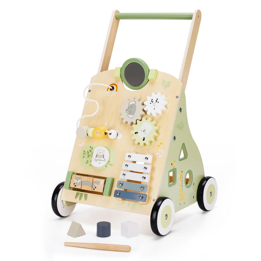 BPMFKID wooden baby push walker with an easy grip handle for first steps.