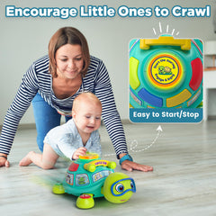 Baby chasing the turtle to boost eye-hand coordination and movement.