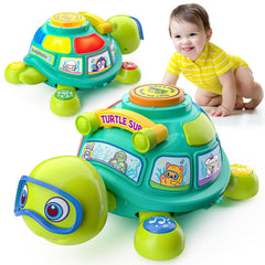 Front view of BQU musical crawling turtle with lights to engage babies.