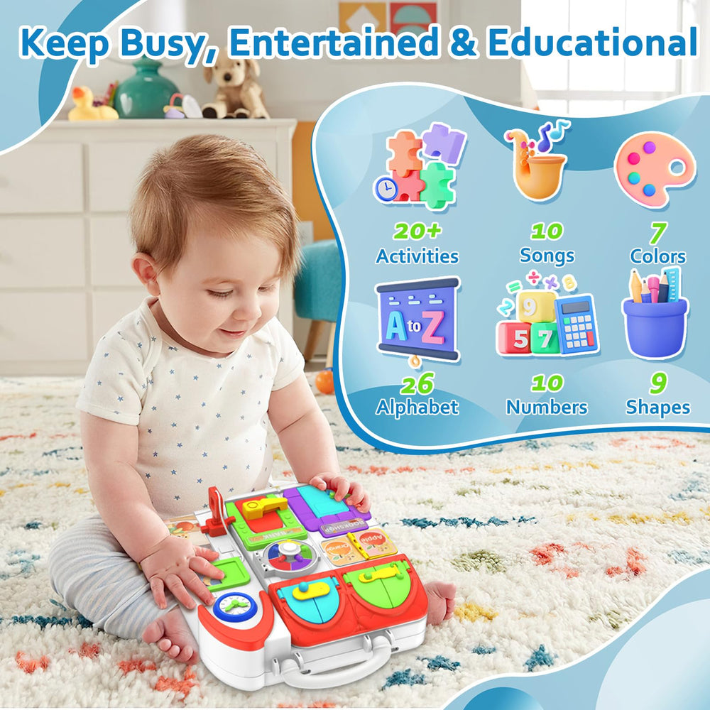 BQU Busy Board with baby songs stimulates musical awareness during play.