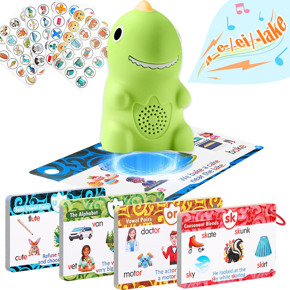 Brakverla dinosaur talking pen demonstrates interactive phonics for young readers.
