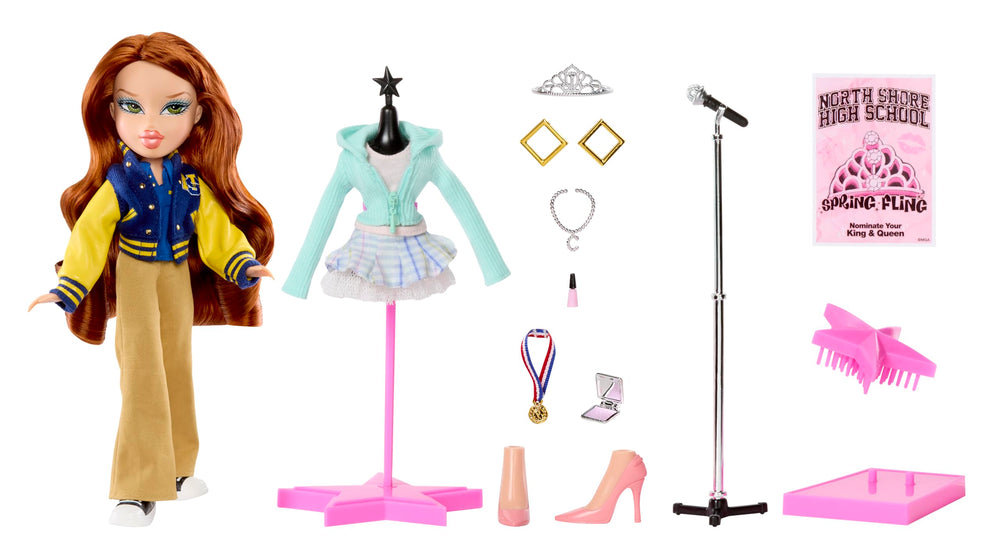 Bratz Cady in blue sweater with plaid mini skirt for classroom-ready styling