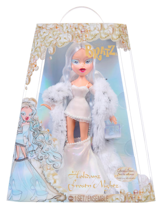 Bratz Cloe Holidayz Frosty Nightz doll in winter couture, ideal for display and collector gifting.