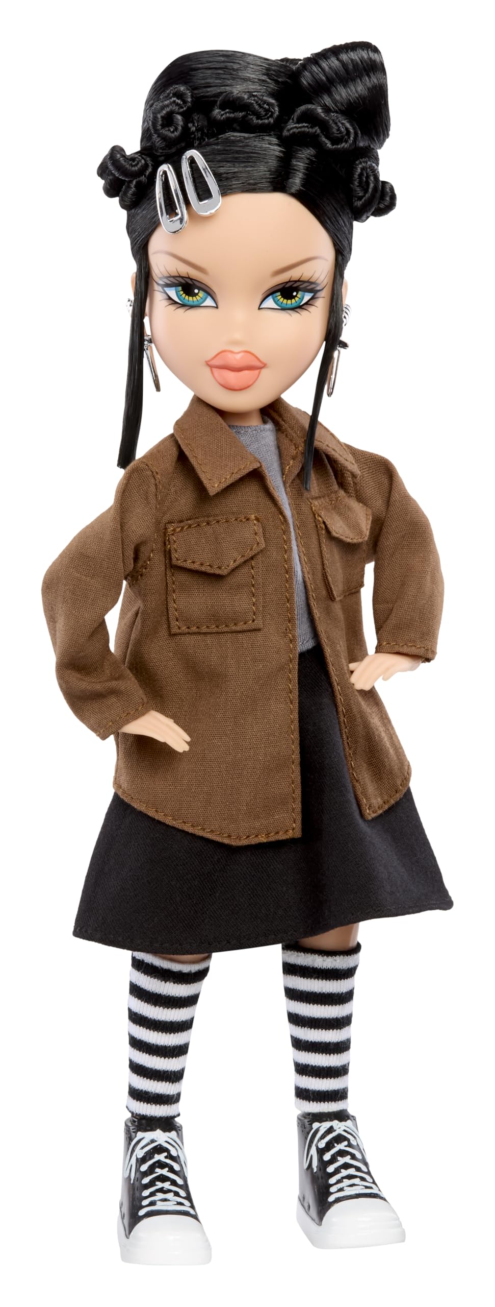 Oversized jacket with grey tee and long black skirt for a rebellious vibe.