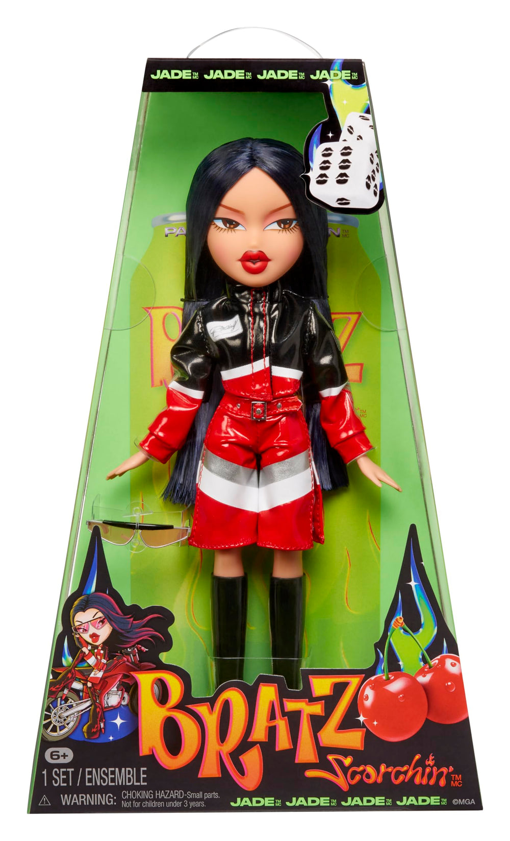 Bratz Scorchin Jade doll front view in red racing jacket for street-style looks