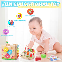 Bravmate Wooden Activity Cube shape sorter supports color and shape recognition.