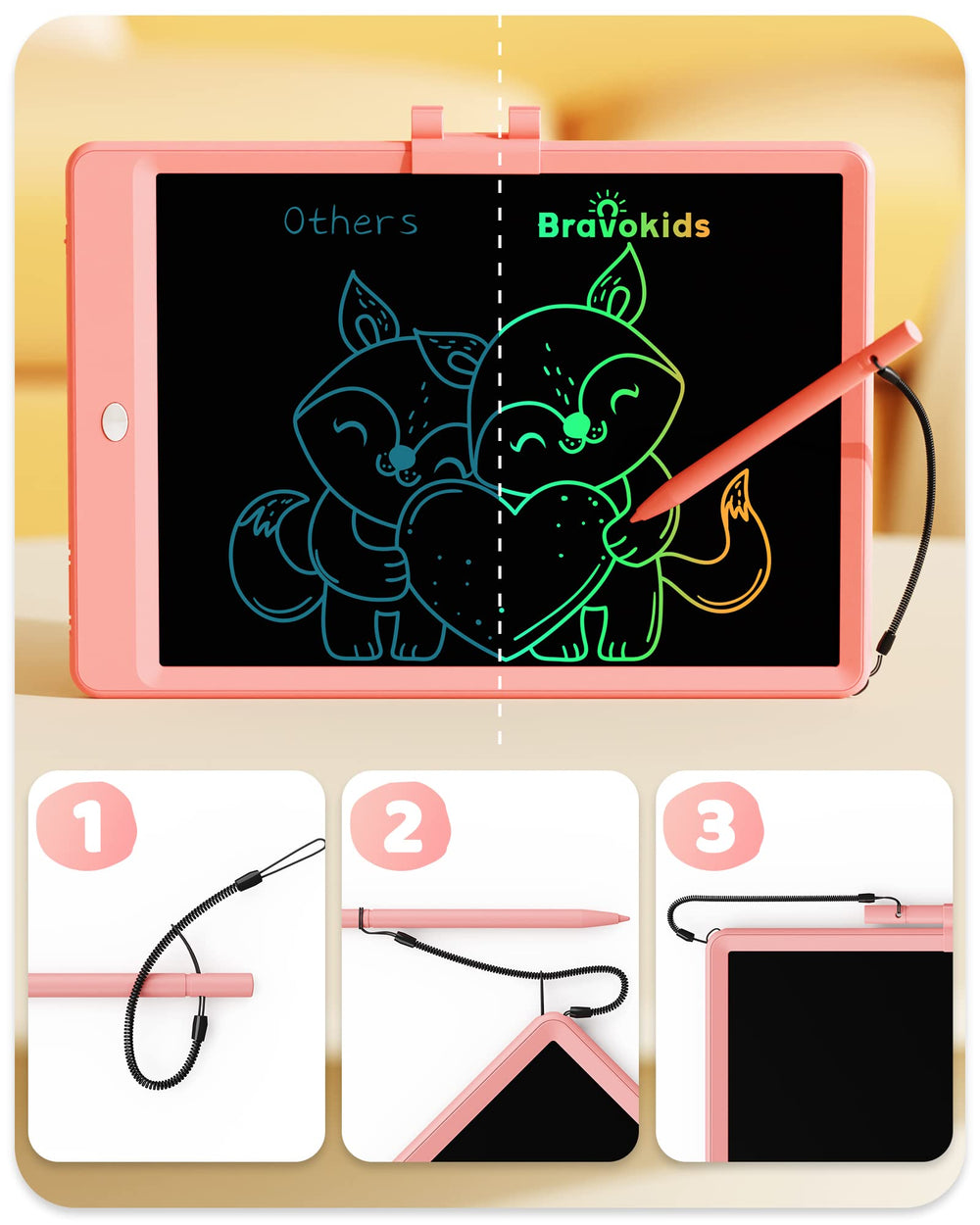 Bravokids 10-inch LCD writing tablet color screen shows vivid doodles for kids.