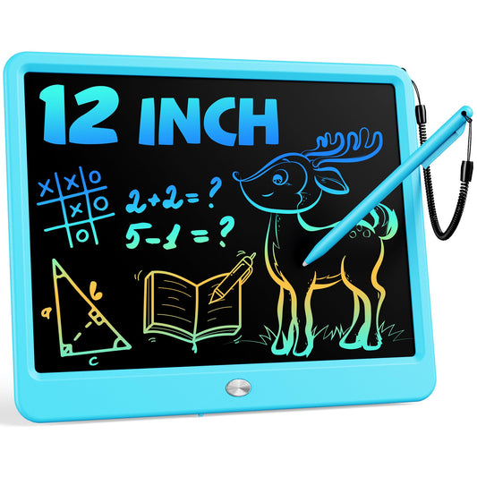 Bravokids 12-inch LCD tablet blue front view for mess-free, engaging drawing.