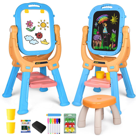 Breibowski easel with double-sided rotating board in orange and blue for versatile art.