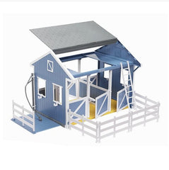 Stable roof open on both sides providing easy access to three stalls.