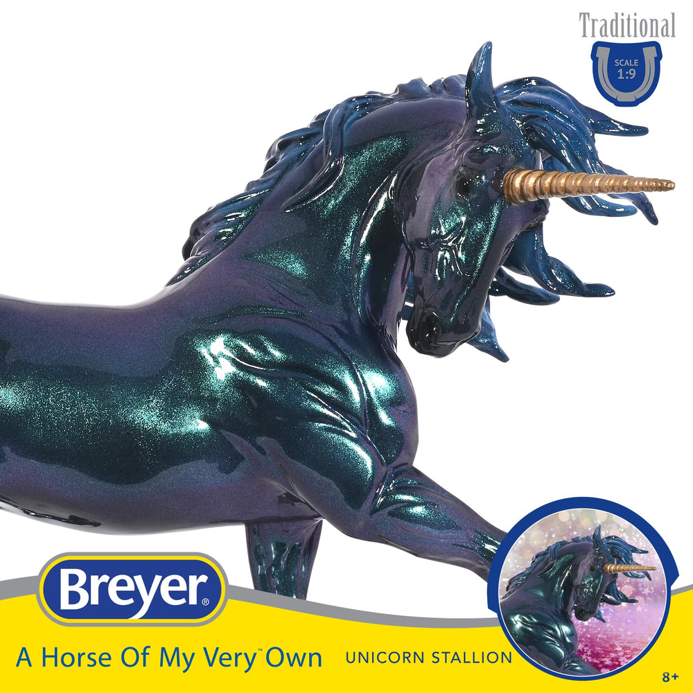 Breyer Neptune Unicorn Stallion side profile showcases camouflaged coat with moonlit tones