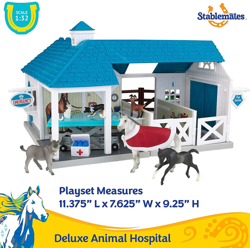 Breyer animal hospital accessories laid out for pretend checkups and role play