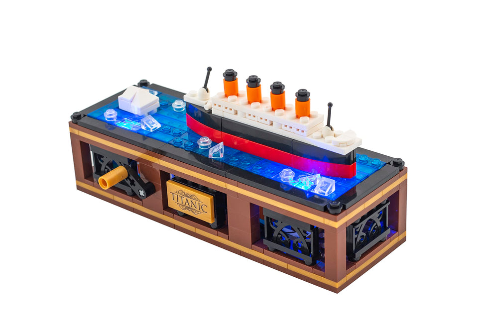 Brick Loot Titanic LED lights illuminate the model for stunning nighttime displays.