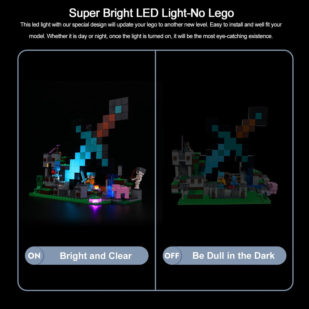 Lit BrickBling LED light enhances a desk or shelf display.