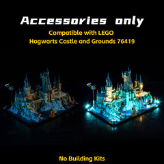 BrickBling LED light kit installed on 76419 Castle and Grounds for bright lighting.