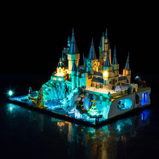 BrickBling LED light kit on Lego 76419 Castle and Grounds for subtle illumination.