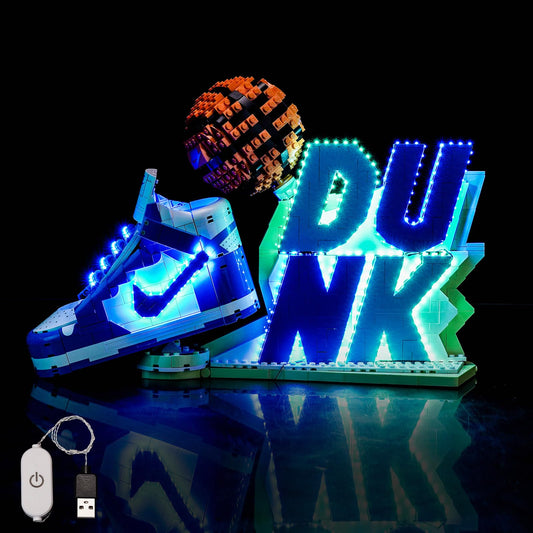 BrickBling LED light for Lego Nike Dunk front view with warm glow