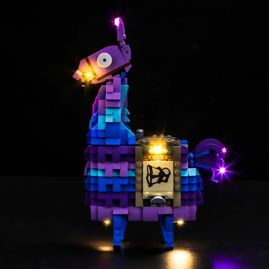 BrickBling LED lights on the Lego Fortnite Supply Llama front view for dramatic display lighting.