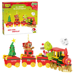 Brickcraft Grinch train set with Grinch and Max for festive display and imaginative play.