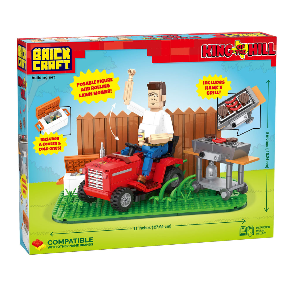 BrickCraft Hank Hill backyard BBQ scene, 586-piece build for immersive display.