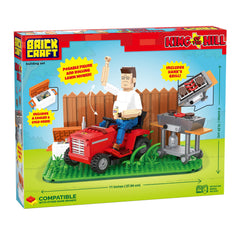 BrickCraft Hank Hill backyard BBQ scene, 586-piece build for immersive display.