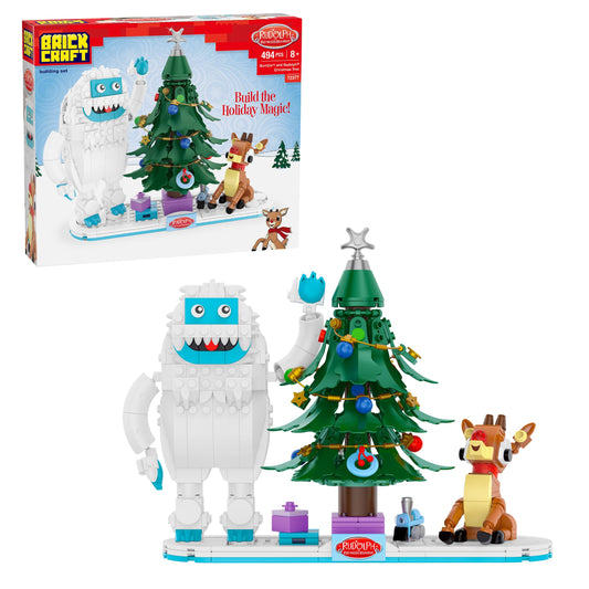Brickcraft Rudolph Bumble Christmas tree display for festive family viewing.