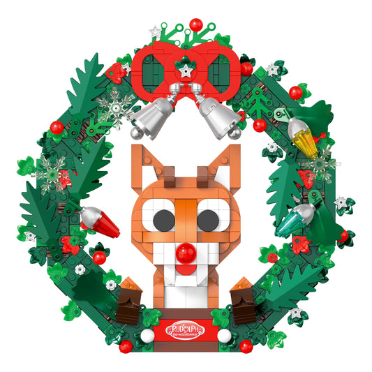 Brickcraft Rudolph wreath assembly for wall or door display with 526 pieces.