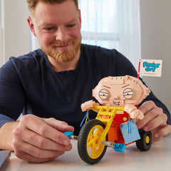 Brickcraft Stewie tricycle with working wheels for interactive display.