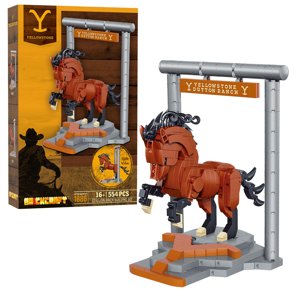 Brickcraft Yellowstone stallion on stable stand for display and collectability.