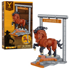 Brickcraft Yellowstone stallion on stable stand for display and collectability.