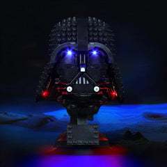 BRICKSHINING Darth Vader helmet LED kit on display with safe 5V lighting.