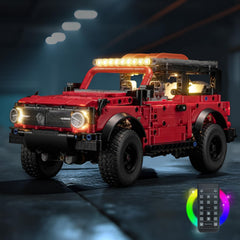 Brickshining LED lighting for Bronco 42213, front view, highlights wheel details.