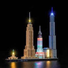 Brickshining LED lighting for NYC skyline 21028 illuminates your Lego display with vibrant realism.