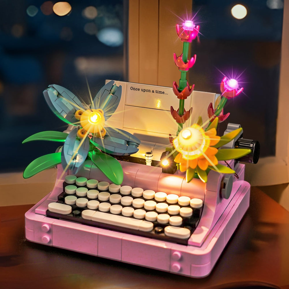 Brickshining LED lighting kit for Typewriter with Flowers enhances display with vibrant illumination.