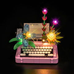 Brickshining Typewriter with Flowers LED kit powered by USB or AAA batteries.