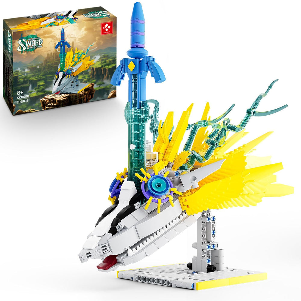 BrickTribe Master Sword with crossing dragon base for display and imaginative play.