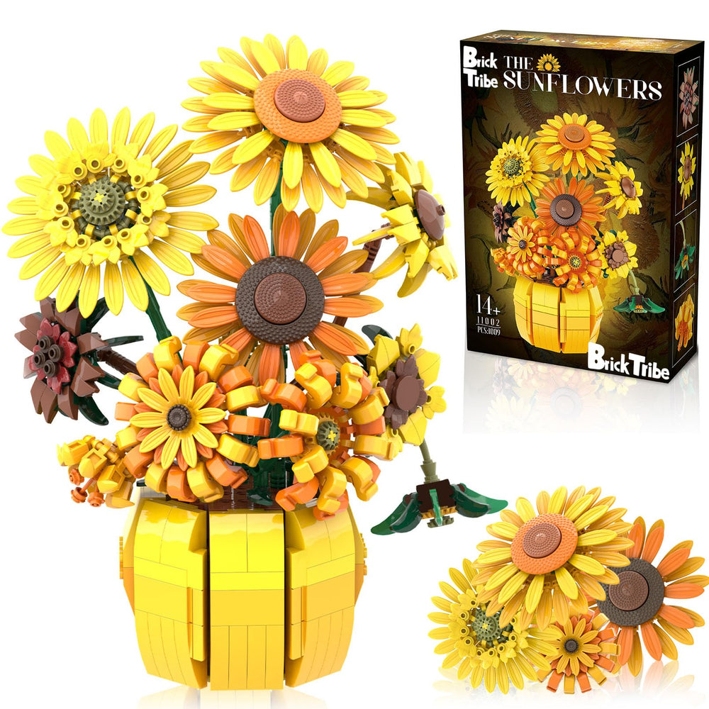 BrickTribe Van Gogh sunflower blocks show a detailed 1:1 scale bouquet for display.